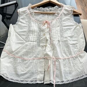 Women's White and Pink Lace Trim Sleepwear Top